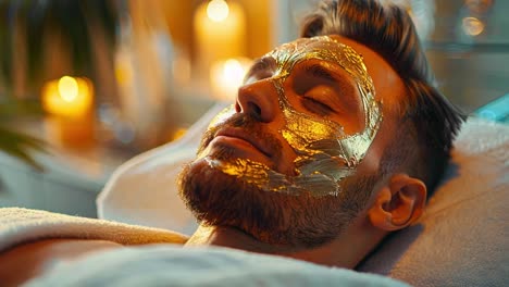 man receiving luxurious gold face mask treatment at a spa
