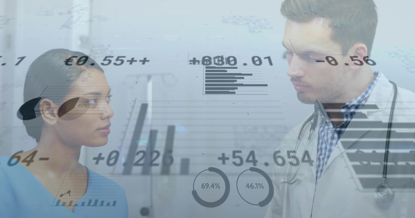 Animation of data processing over diverse male doctor and female health worker discussing