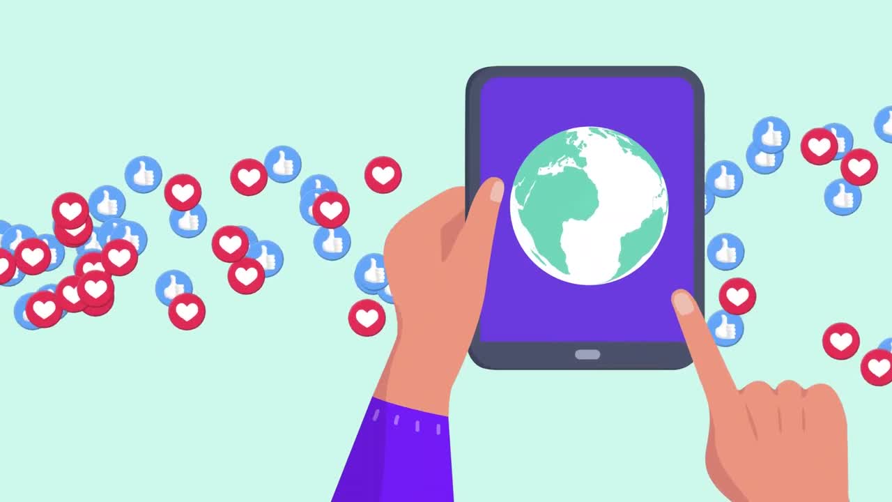 세계로 된 태블릿을 사용하여 손 위에 미디어 아이콘의 애니메이션