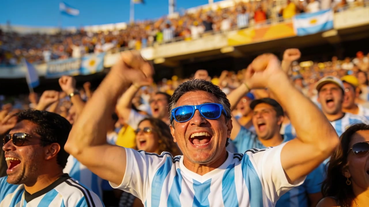 Hombre animando con camiseta de Argentina y gafas de sol azules, levantando los puños después de un gol en el estadio.