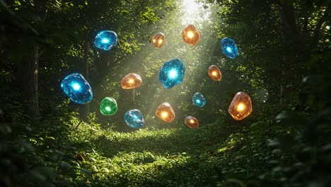a magical forest scene filled with glowing crystals suspended in midair, illuminating a serene natural pathway through dense verdant foliage and sunlight
