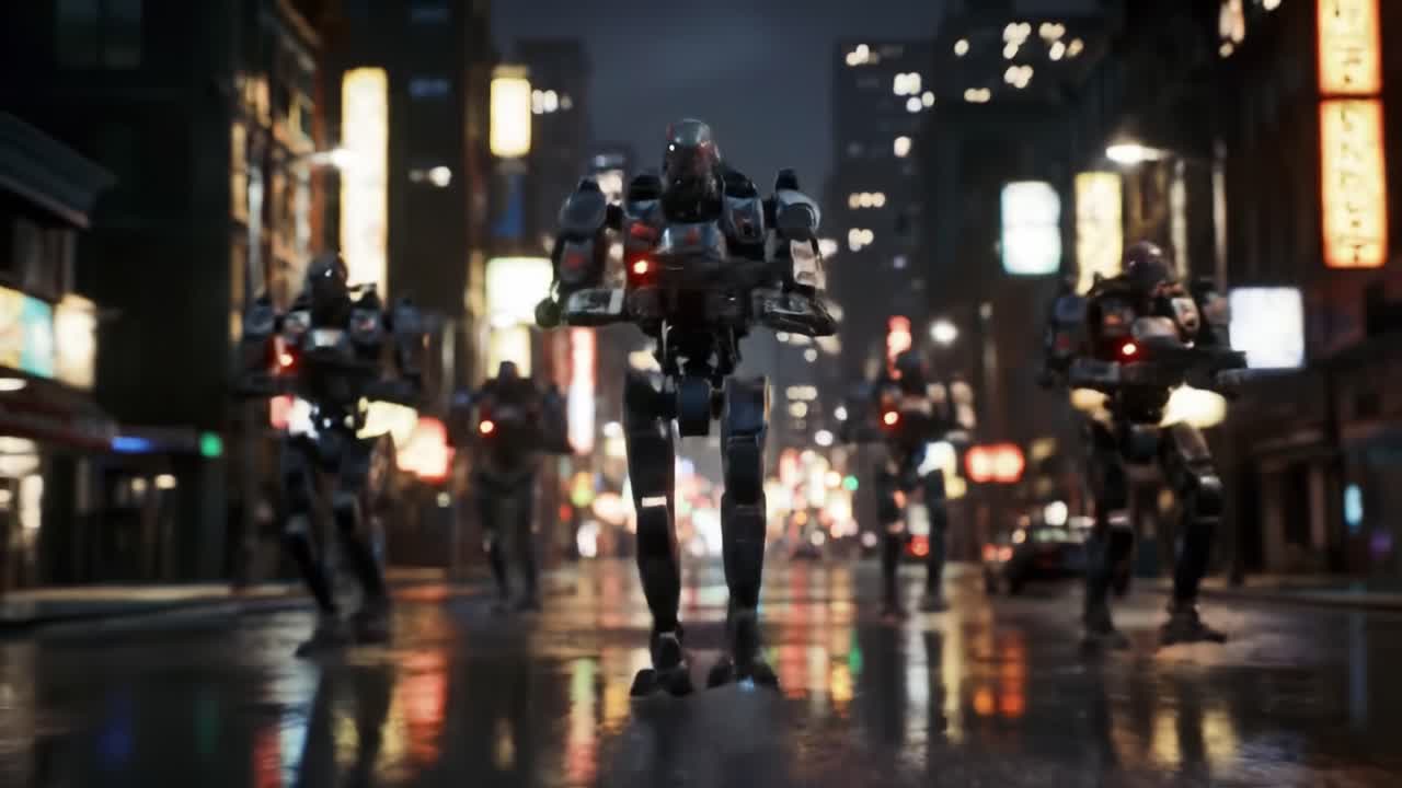 Futuristic Robotic Assemble in Urban Nightscape: A Dynamic Display of Advanced Technology and Machine Power in a Neon-Lit City Environment