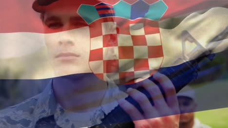 Animación-De-La-Bandera-De-Croacia-Sobre-Un-Soldado-Caucásico.