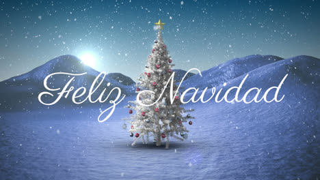 Feliz-Navidad-Text-Gegen-Schnee,-Der-über-Den-Weihnachtsbaum-In-Der-Winterlandschaft-Fällt