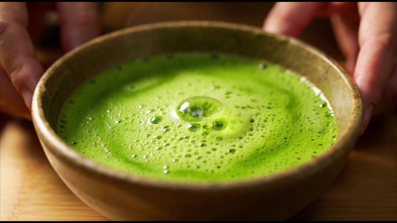 Pessoa Segurando uma Tigela de Chá Matcha Quente Recém-Batido