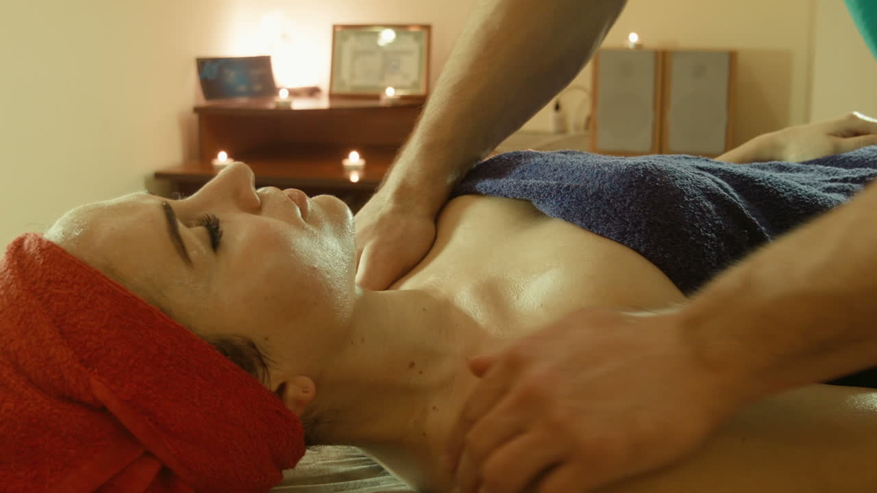 Man Receiving Massage Relax Treatment Closeup Masseur Hands Doing Back Massage in Spa Center (Stock Footage)