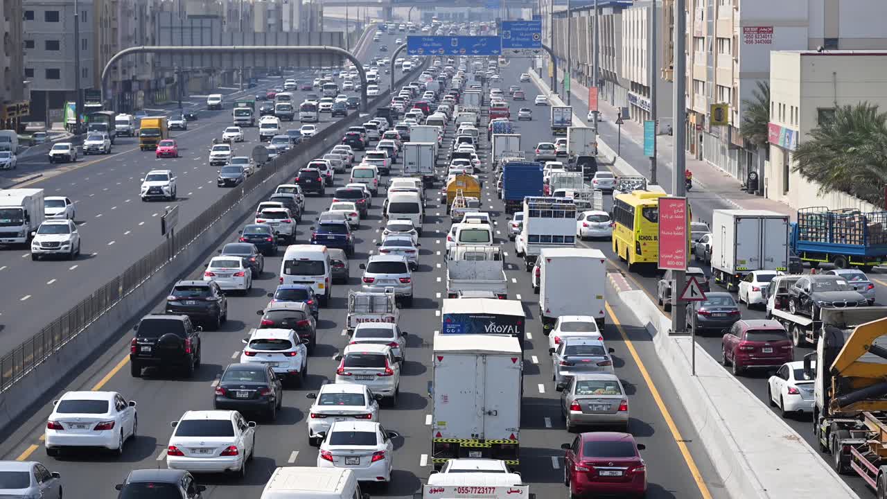 Slow-moving traffic on Sheikh Mohamed bin Zayed Road heading towards Dubai from Sharjah National Paints in the UAE