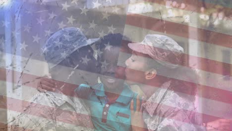 Animation-of-male-and-female-soldiers-with-son-over-american-flag