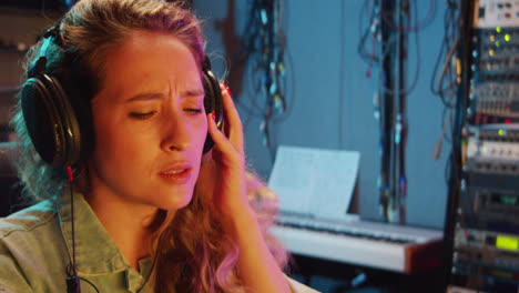 mujer usando la consola de mezcla en el estudio de grabación