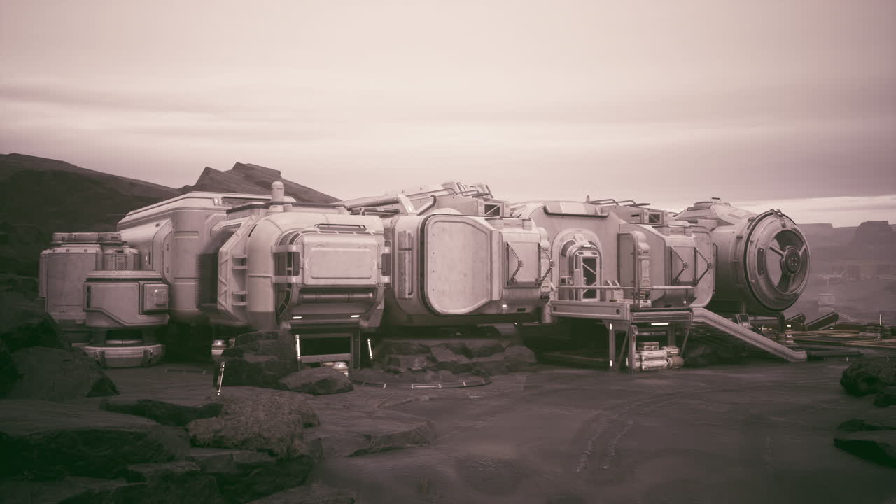 Base di coloni su un pianeta distante con strutture futuristiche durante il crepuscolo