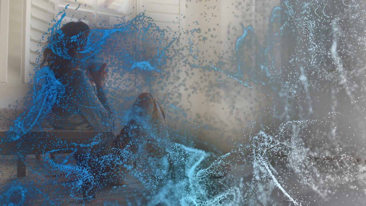 Woman holding mug causing blue-white particles rising and swirling around bench for tech demo