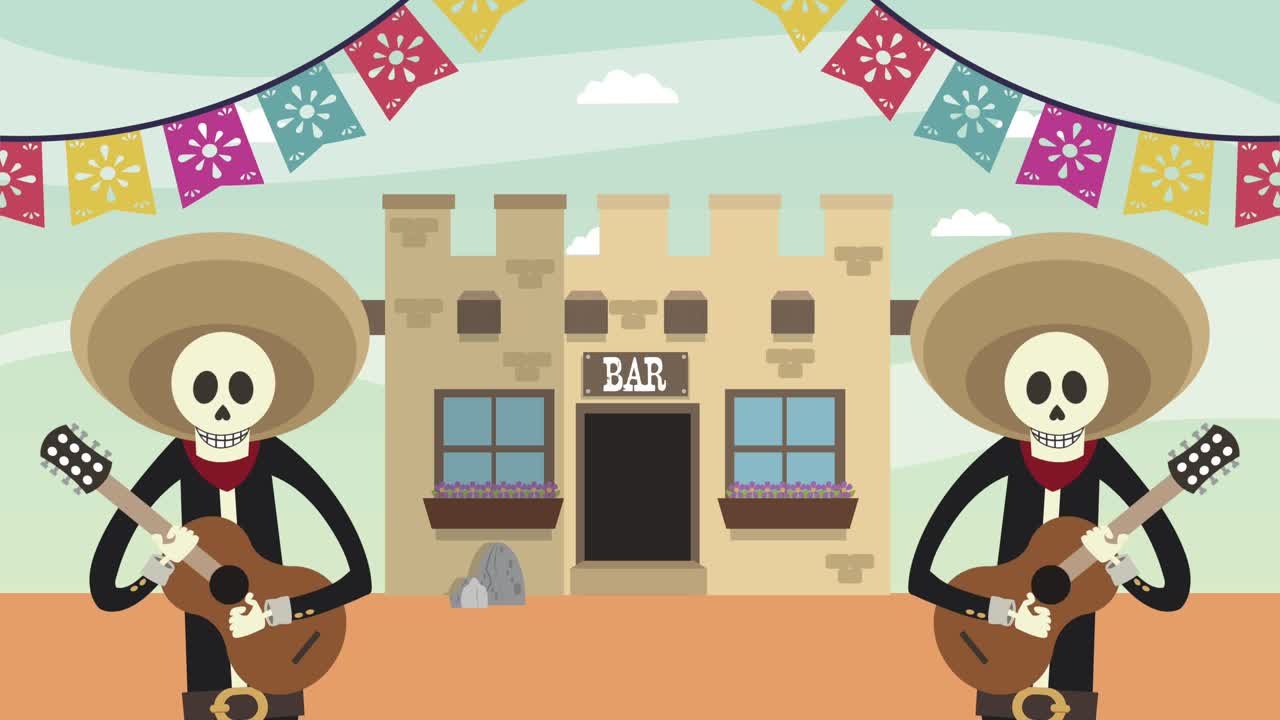 mexican skeleton mariachis playing guitars