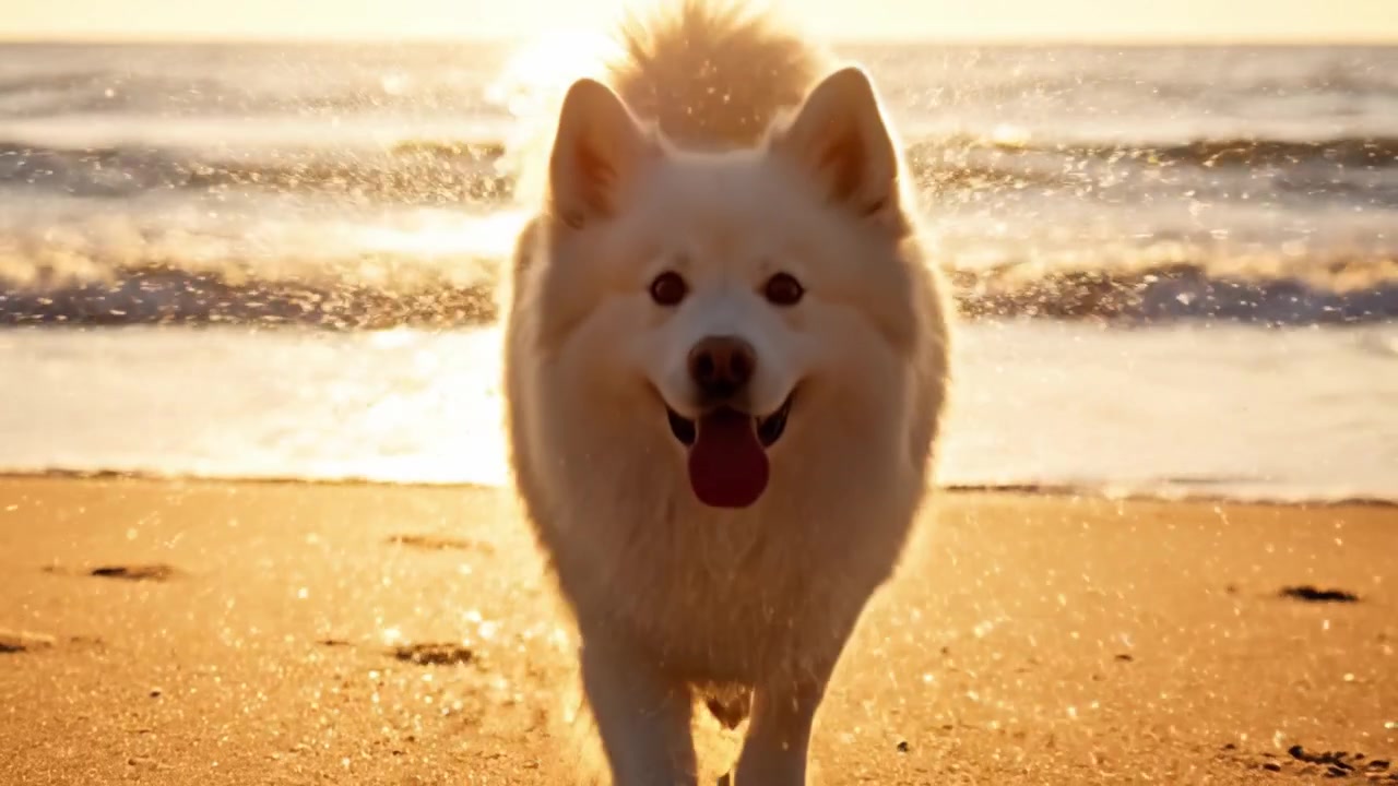 Gün batımında sahilde koşan, okyanus dalgalarının ve altın kumun keyfini çıkaran, doğadaki mutluluk ve özgürlüğün özünü yakalayan neşeli bir köpek