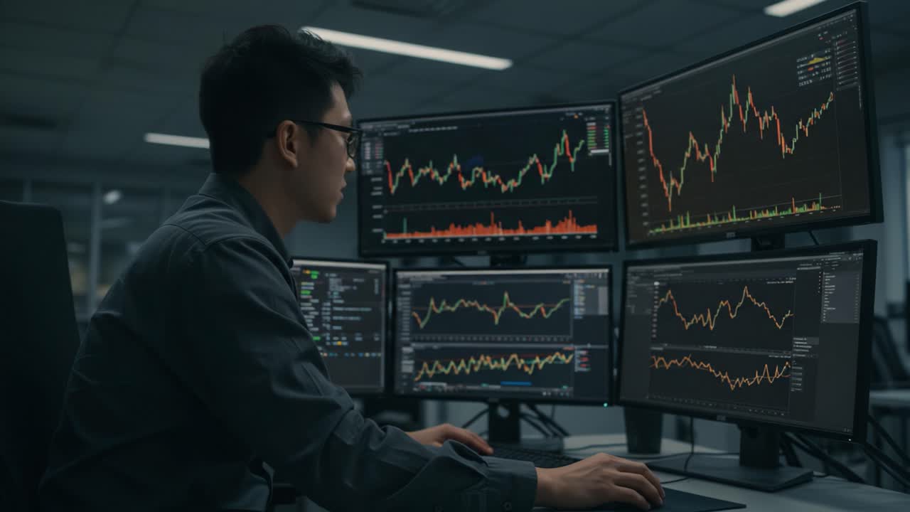 Focused Trader Analyzing Multiple Financial Charts on Monitors in a Modern Office Environment, Monitoring Market Trends and Making Data-Driven Investment Decisions