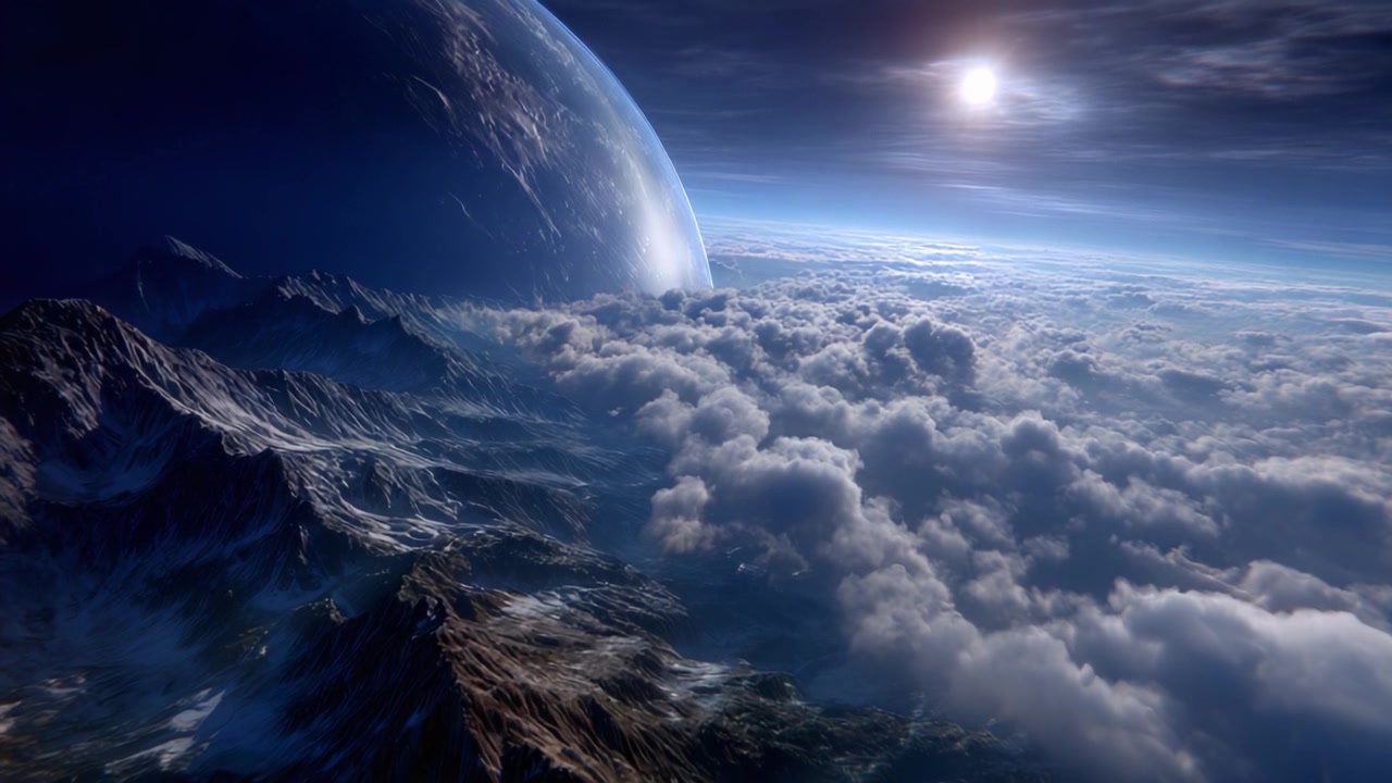 Una impresionante vista cósmica con majestuosas montañas y un planeta masivo flotando sobre las nubes bajo un cielo brillante iluminado por el sol, cautivando a los entusiastas de la astronomía.