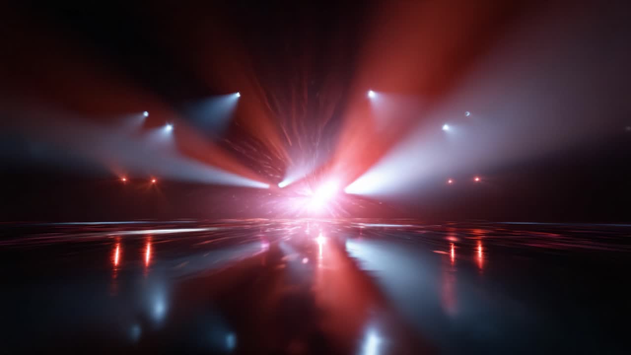 Dynamic Light Show with Radiant Colors and Reflections on a Glossy Surface, Enhancing the Ambiance of a Nighttime Performance or Music Event