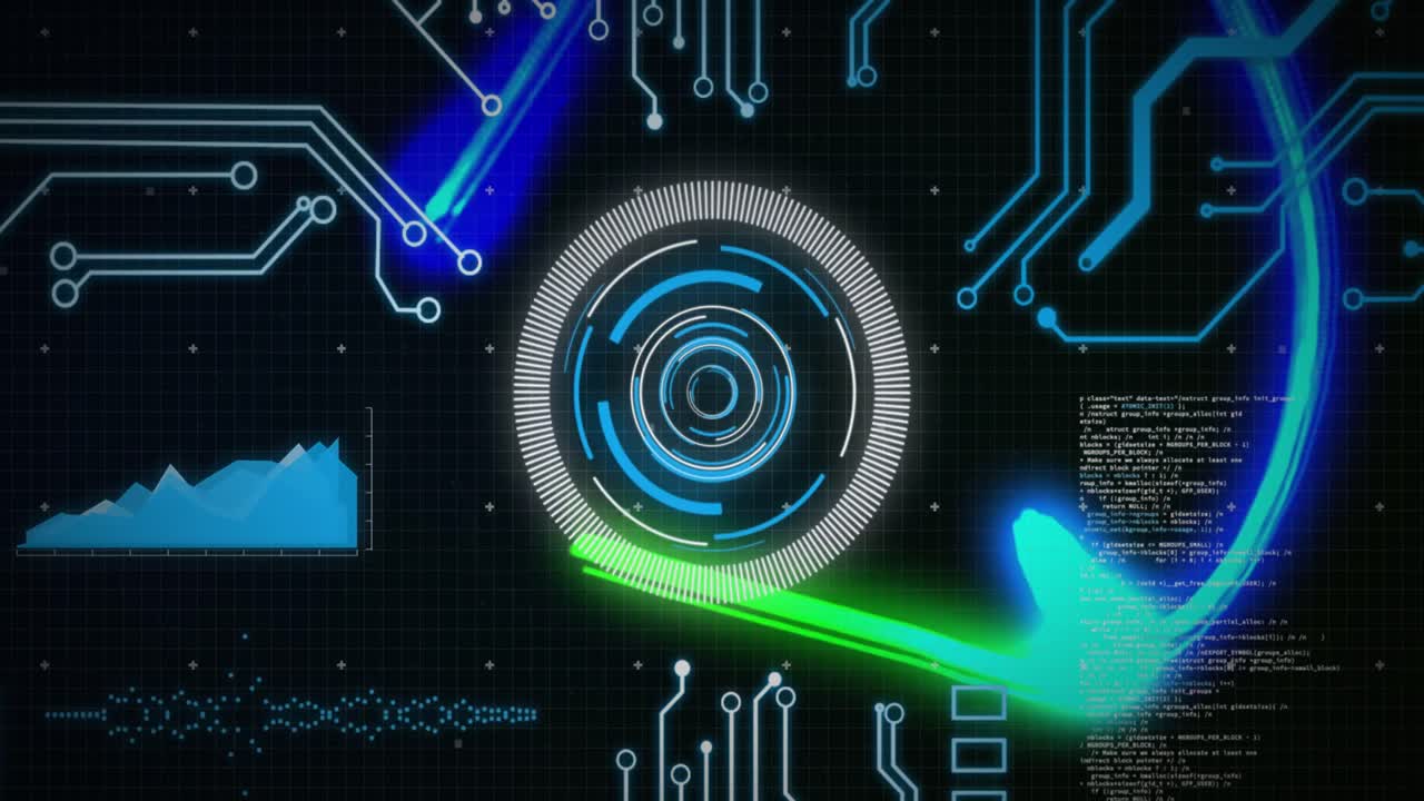 검은 바탕에 원형 스캐너, 데이터 및 메인보드 위에 파란 빛 트레일의 애니메이션