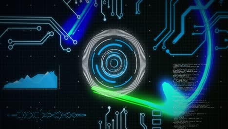 animación de rastros de luz azul sobre escáner circular, datos y placa base sobre fondo negro.