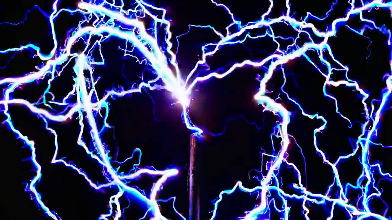 Dynamic Blue and White Electrical Discharges on a Black Background