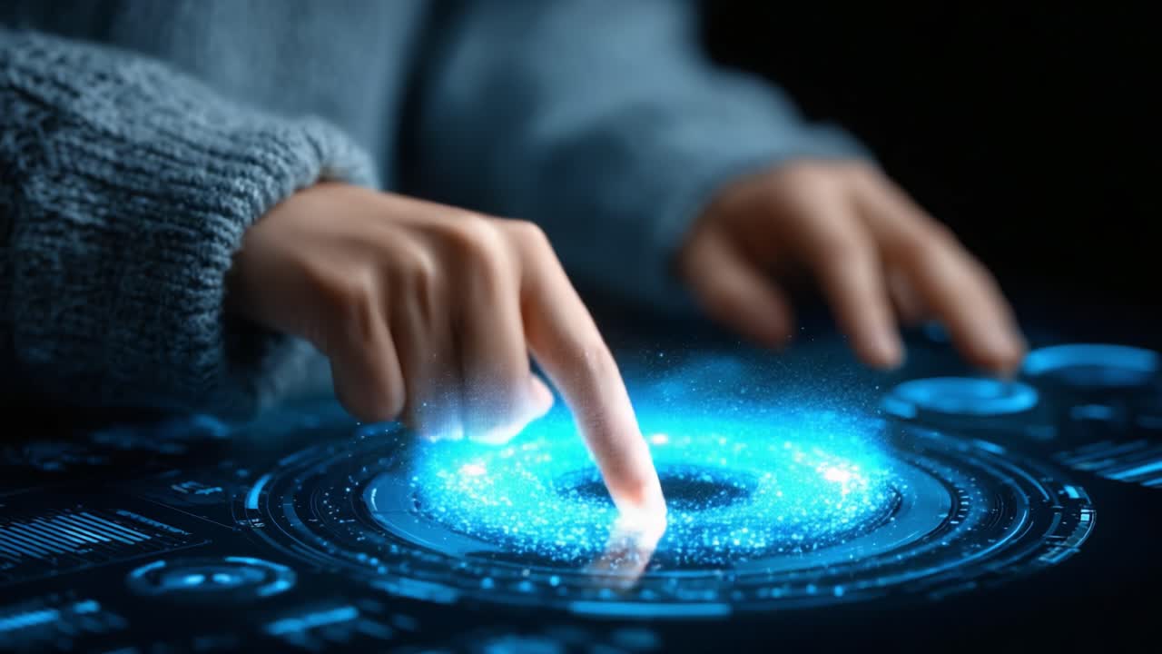 Exploring Interactive Technology: A Close-Up View of Fingers Engaging with a Glowing, High-Tech User Interface in a Futuristic Setting