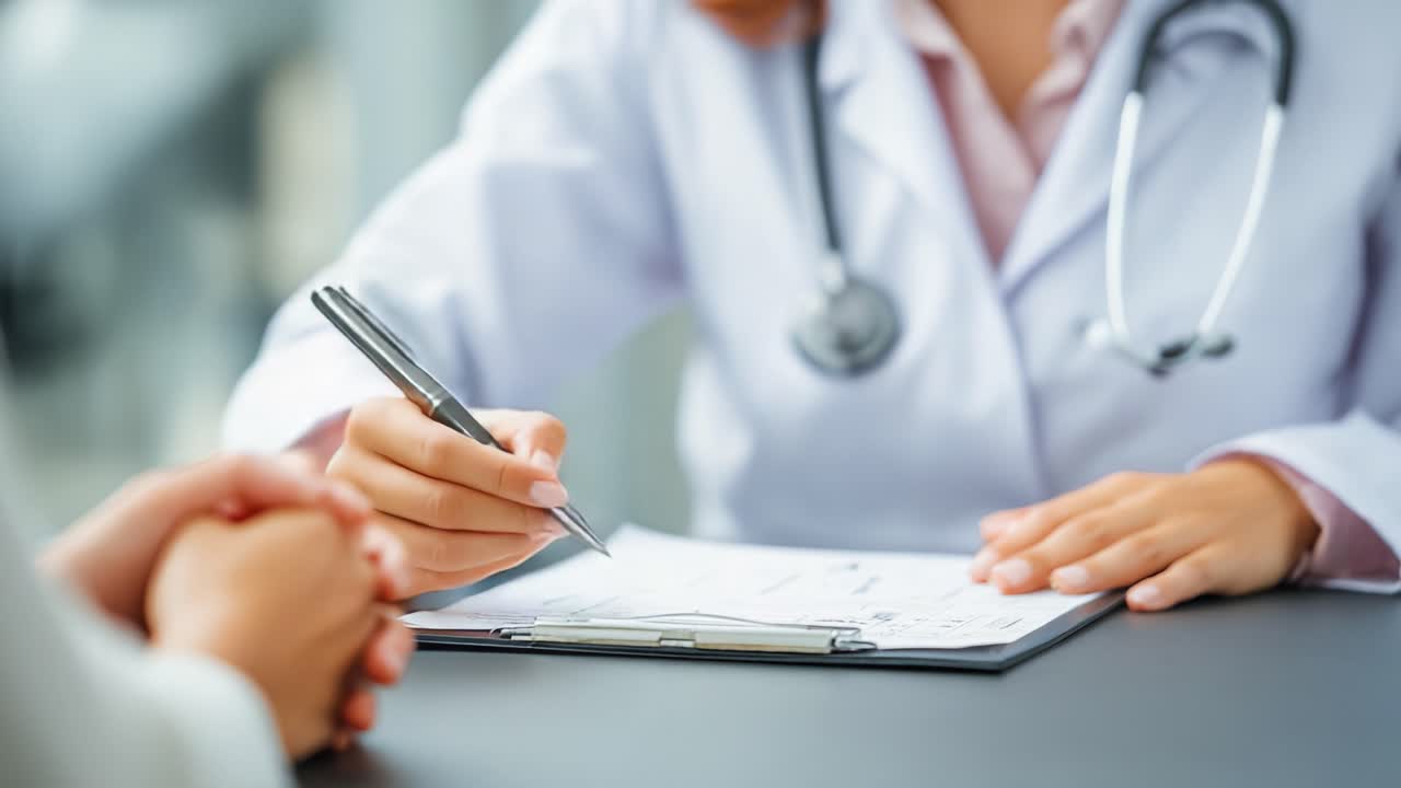 Uma Consulta Médica: Um médico de jaleco branco envolvido no cuidado do paciente e documentação, enquanto usa uma caneta numa prancheta durante uma avaliação de saúde.