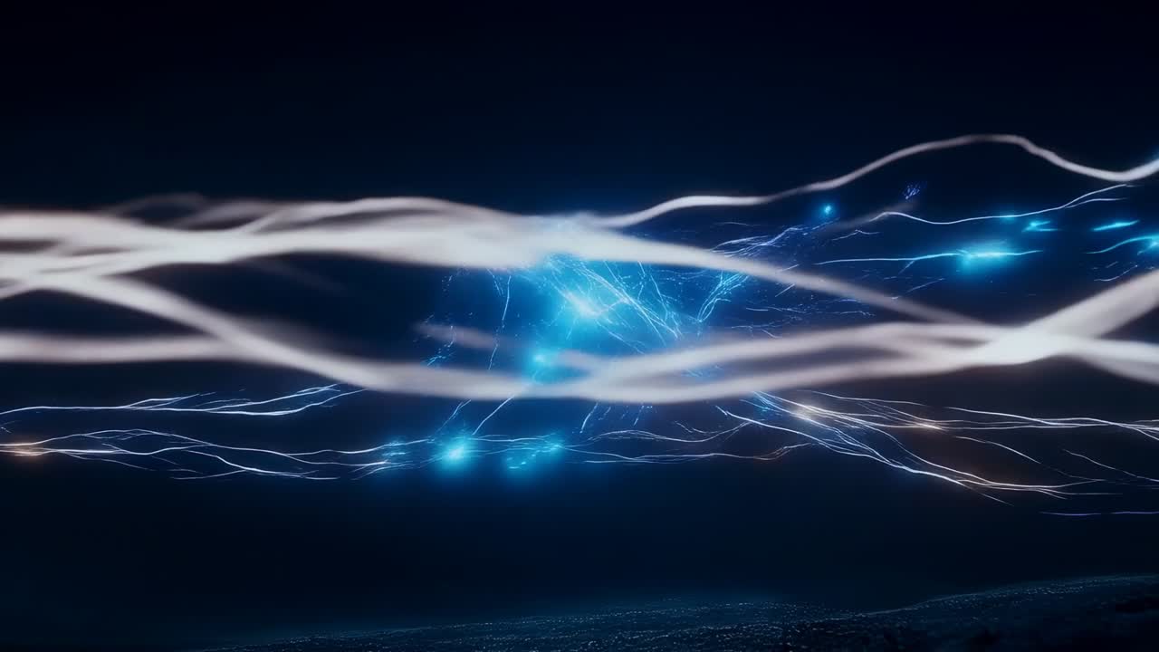 Flowing ribbons, blue nodes sliding across dim horizon, forming bright core trails, nodes growing