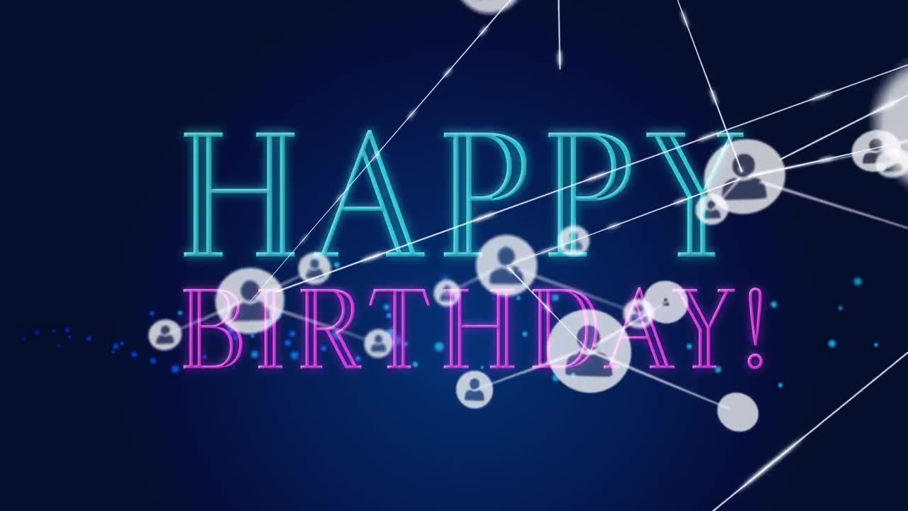 animación de texto de feliz cumpleaños e iconos de perfil que se conectan con líneas sobre fondo azul