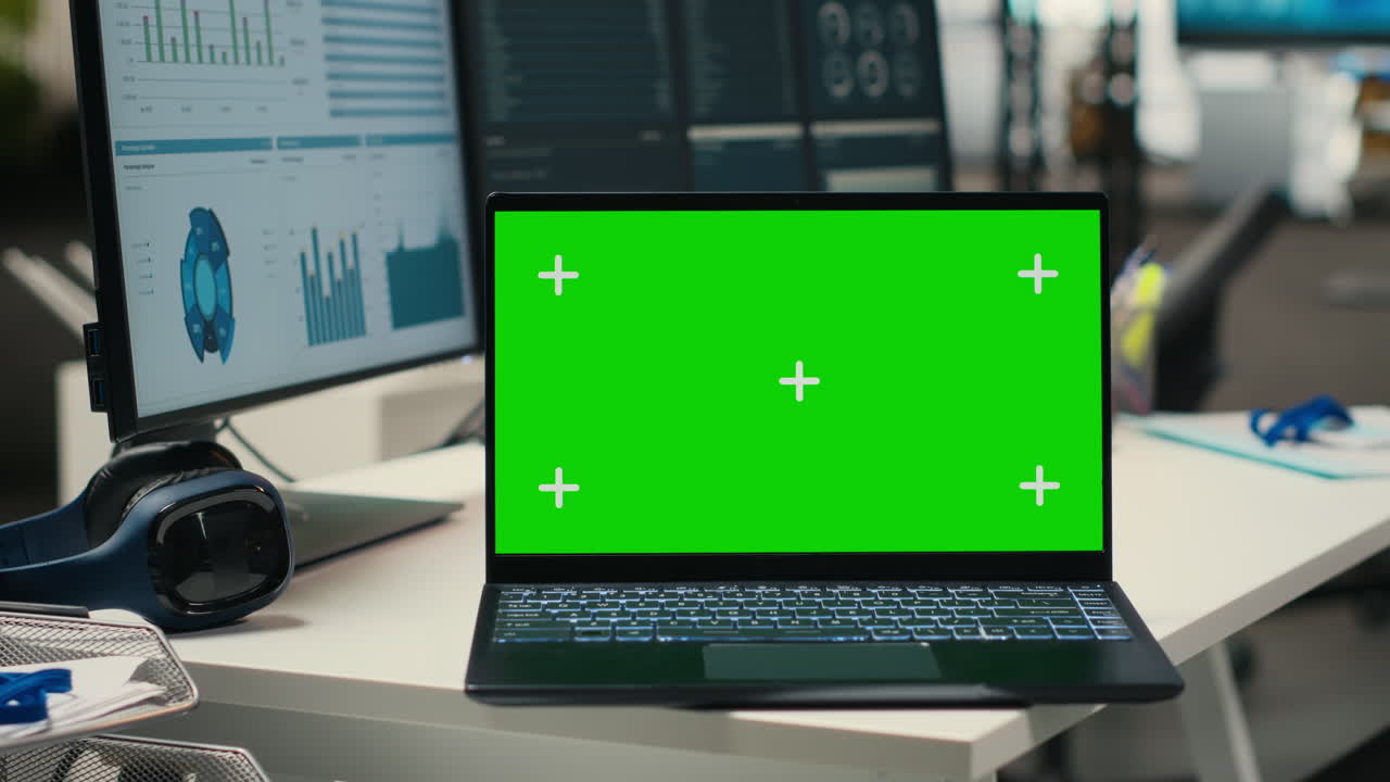 Contemporary office space with copy space laptop at corporate desk