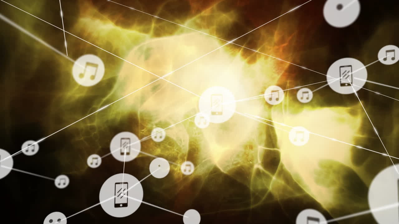 조명 된 추상적 인 배경 위에 선으로 상호 연결 된 아이콘의 애니메이션