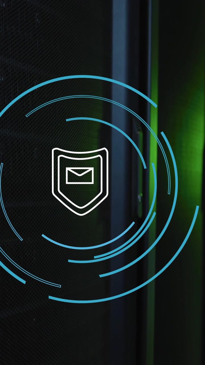 Animation of shield with envelope icon and circles over server room