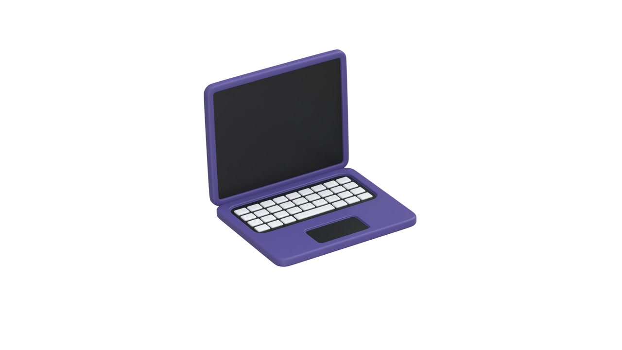 Animazione 3D di un laptop viola in rotazione su sfondo bianco