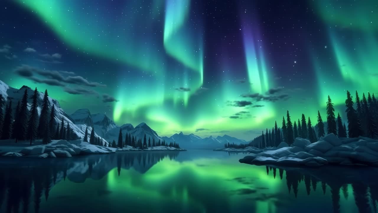 Stunning wide-angle video capture of vibrant Northern Lights over a serene lake