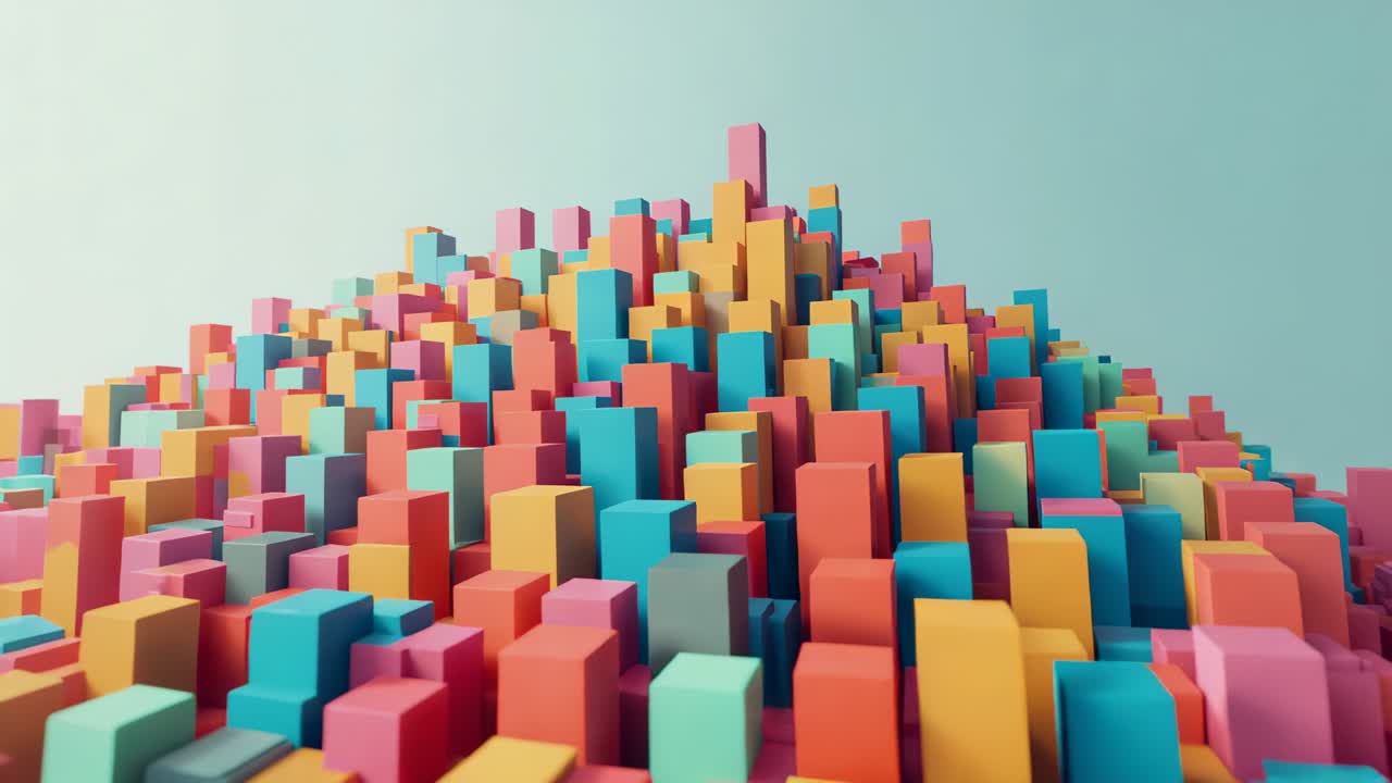 Lifting camera pulling back over dense array of rectangular prisms in 3D studio, gradient backdrop