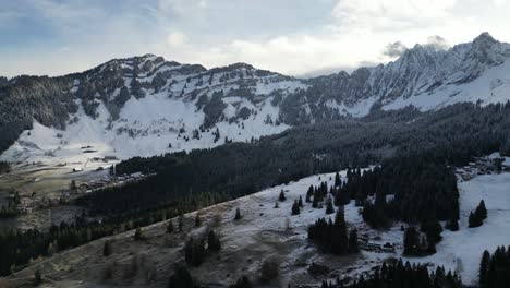 Aufstieg-über-Schneebedeckten-Kiefernwald-Mit-Stromleitungen-Durch-Wald,-Halb-Geschmolzen-Und-Trocken