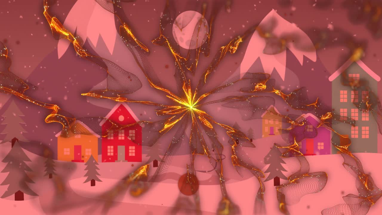 겨울 풍경 위에 내리는 눈 위에 회전하는 노란색 디지털 파동