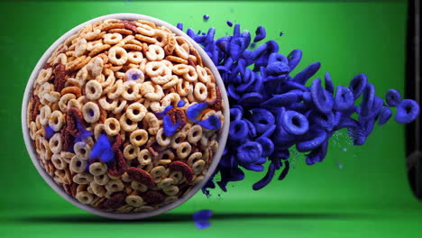 flying cereal flakes on green screen