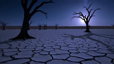 desert landscape with dead trees and cracked earth under a starry night sky