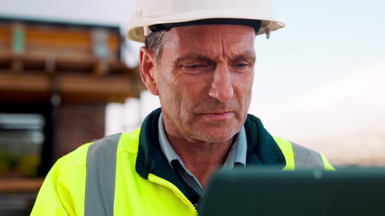 Mature Construction Manager Reviewing Plans on Tablet at Building Site