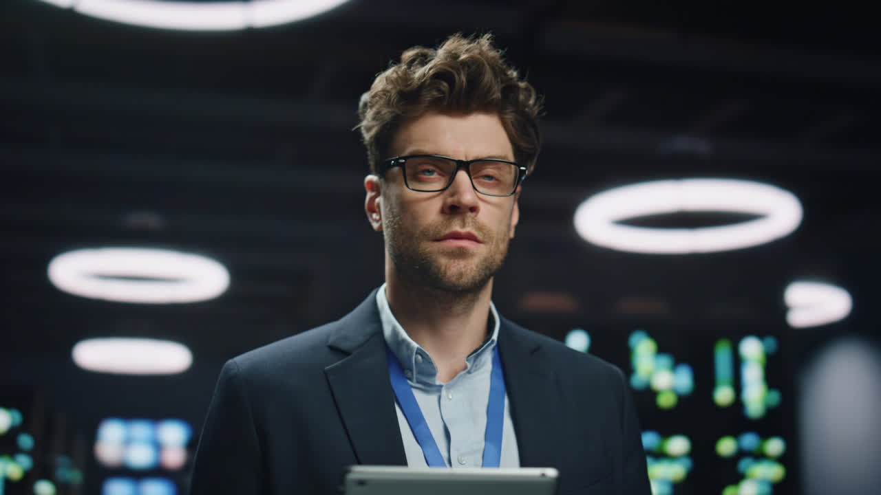 Software developer posing server room closeup. Handsome businessman working data