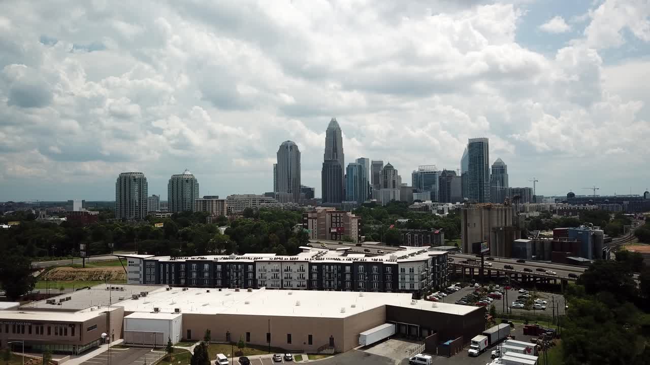 Aerial flying toward Charlotte NC in 4K