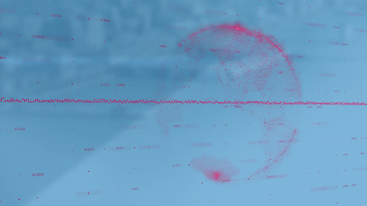 Animation of red data points forming globe shape over blue background with numbers