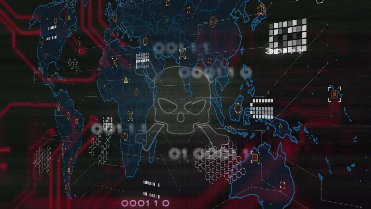 Opening screen tracing neon map, skull crossbones pulsing, scrolling data representing cyber threat