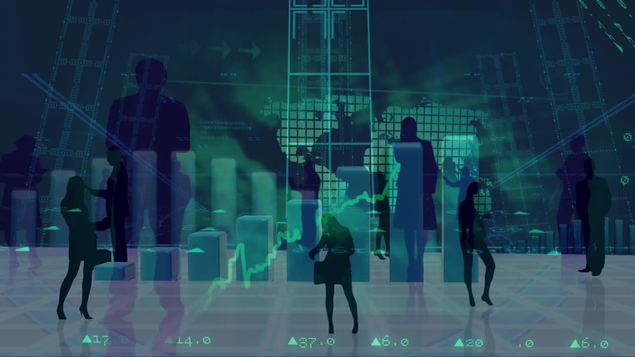 Silhouette of business people looking at statistics.