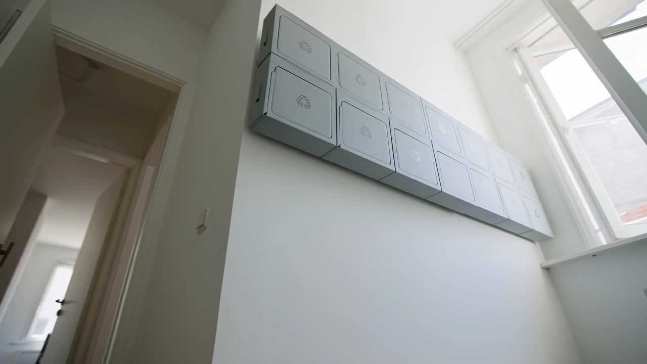 Near-end timeline (98%) showing two-row metal mailbox bank mounted high on right corridor wall beneath open window