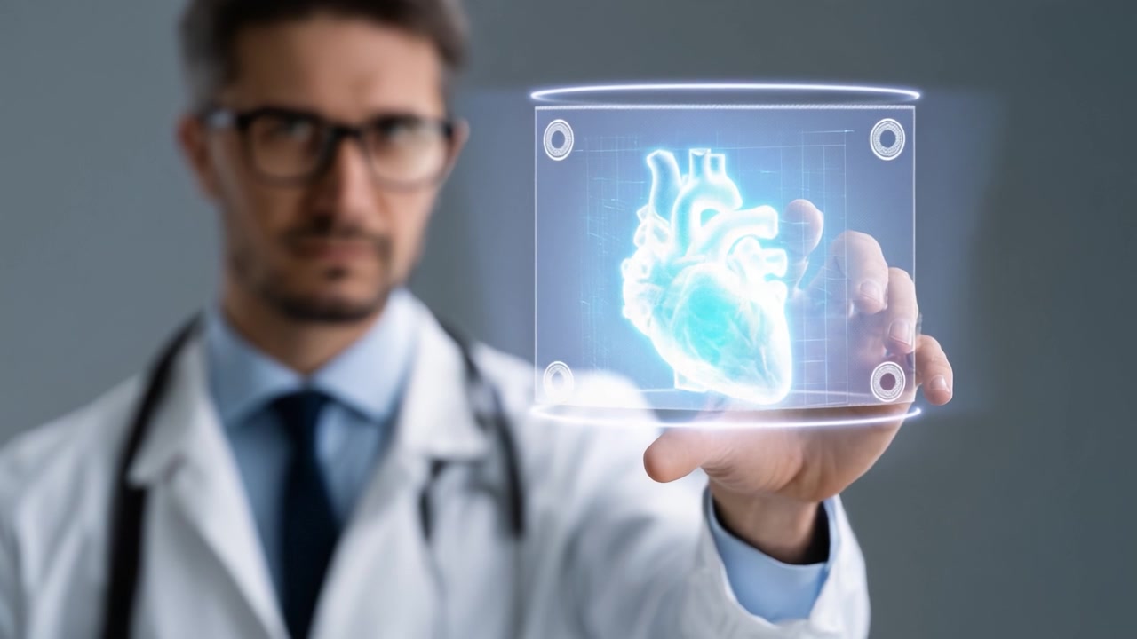 Un profesional médico muestra un modelo holográfico 3D de corazón, exhibiendo tecnología avanzada y prácticas innovadoras de atención médica en la medicina moderna.