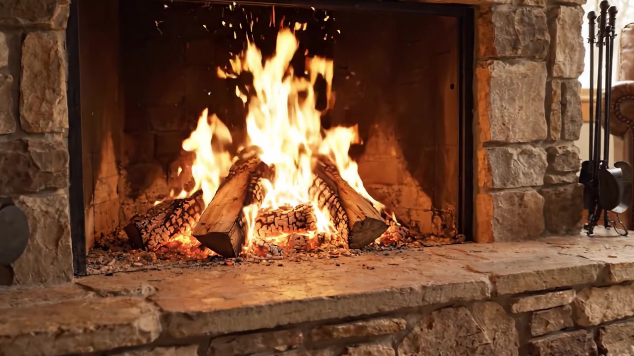 Una acogedora escena de chimenea con llamas crepitantes y un ambiente cálido, perfecta para invocar una sensación de confort y tranquilidad en cualquier espacio vital o área de reunión.