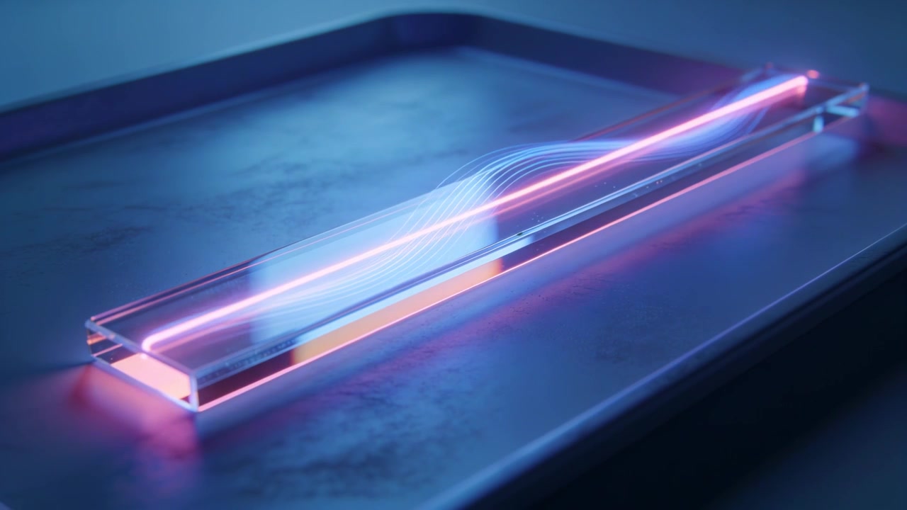 Appearing bright orange light at prism right end coupling into glass guide on tray traveling left