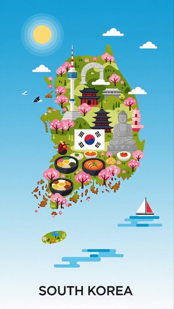 South Korea Travel Map With Landmarks Food And Culture Illustration