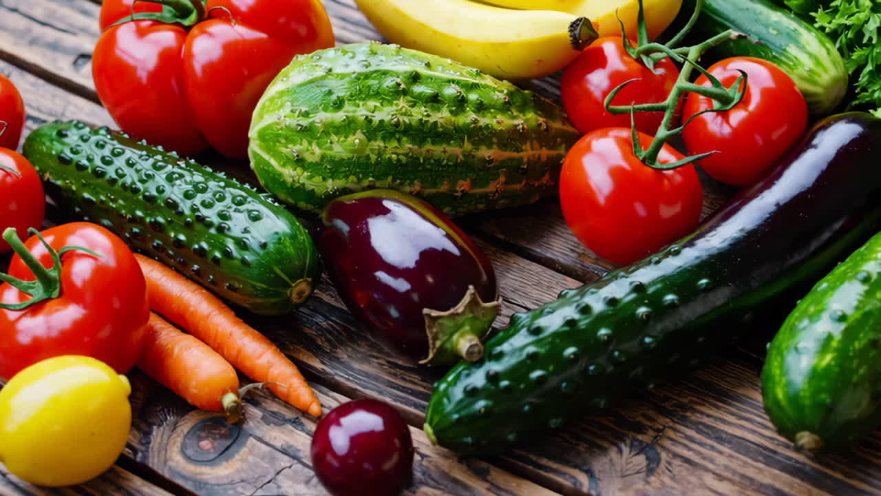 Collection of Fresh Vegetables and Fruits with a Focus on Cucumbers