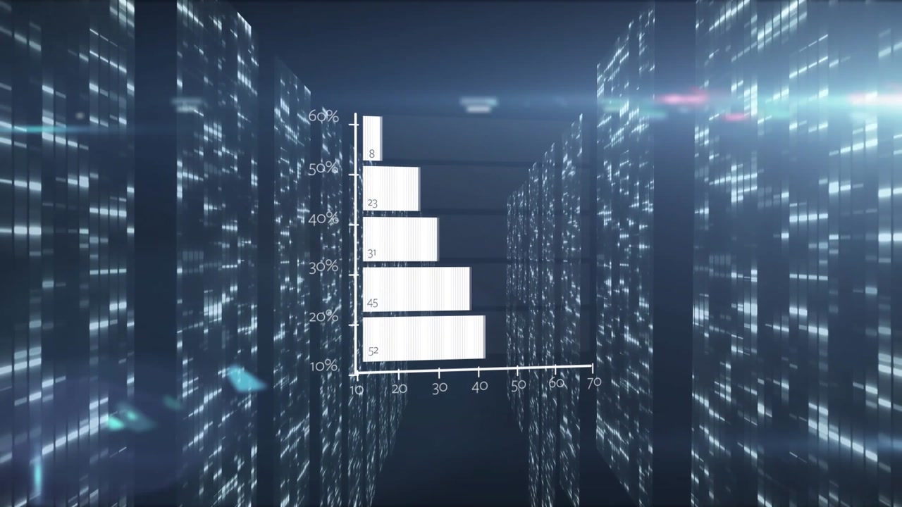 Digital animation of light trails falling against spot of light on blue background